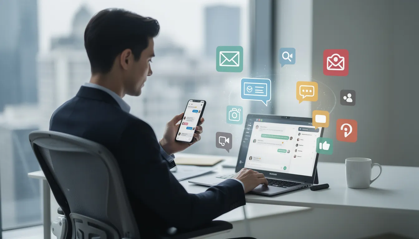 The image depicts a person sitting at a laptop while using a smartphone, illustrating the concept of multichannel communication. This scene emphasizes the importance of seamless customer interactions across multiple channels, enhancing the overall customer experience and satisfaction.